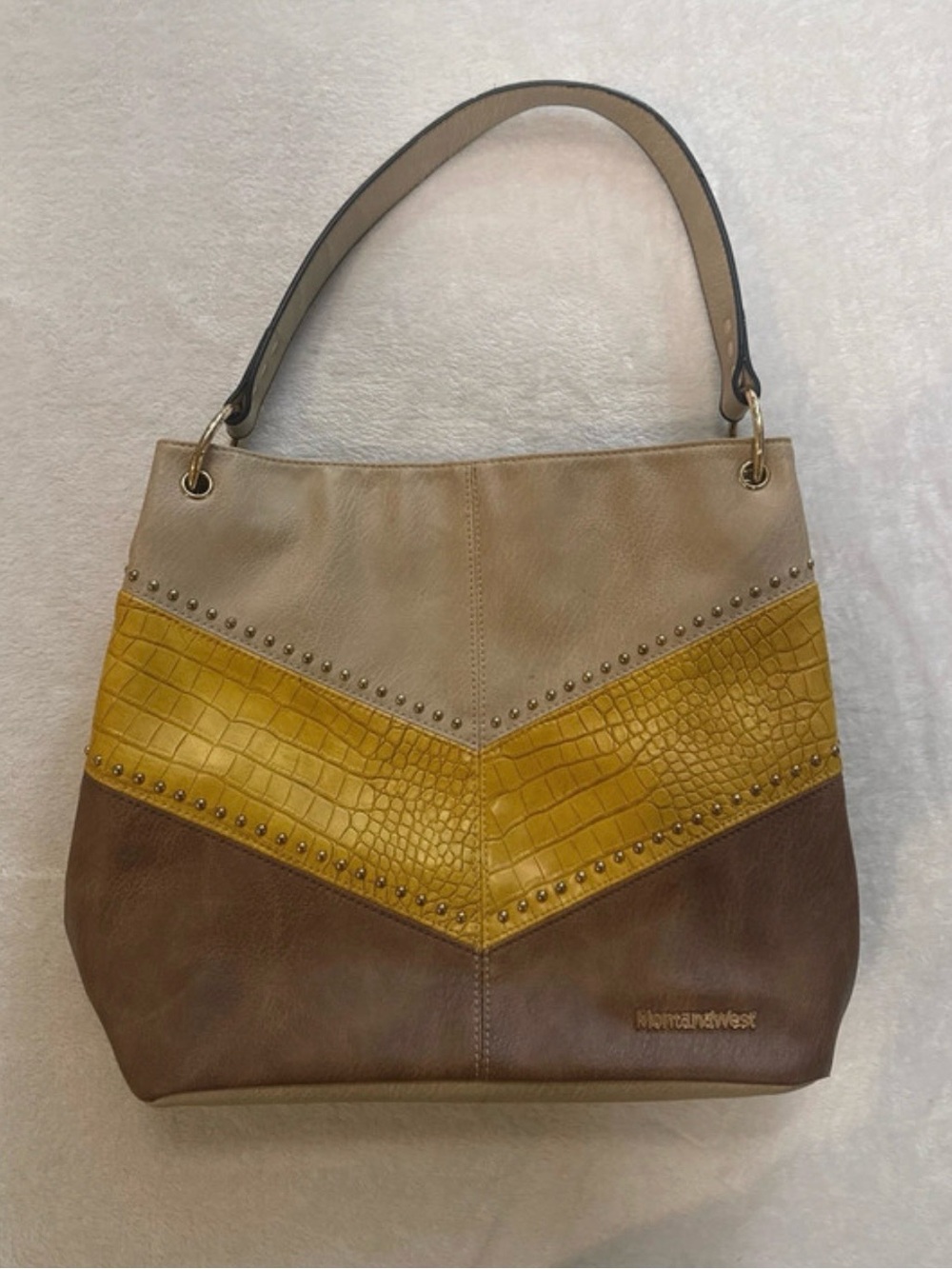 Nine West Colorblock Leather Shoulder Tote in Taupe, Mustard & Brown